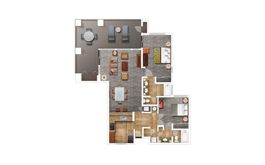 Two-Bedroom Floor Plan at the Bay Club at Waikoloa Beach Resort in Hawaii