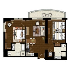 Two-Bedroom Floor Plan at Grand Waikikian Resort in Honolulu, Hawaii