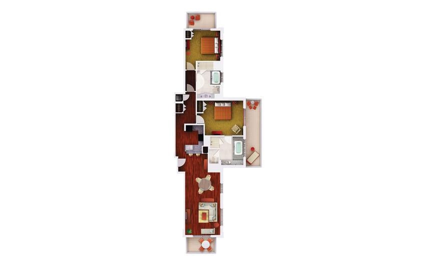 Two-Bedroom Penthouse Floor Plan at Grand Waikikian Resort in Honolulu, Hawaii