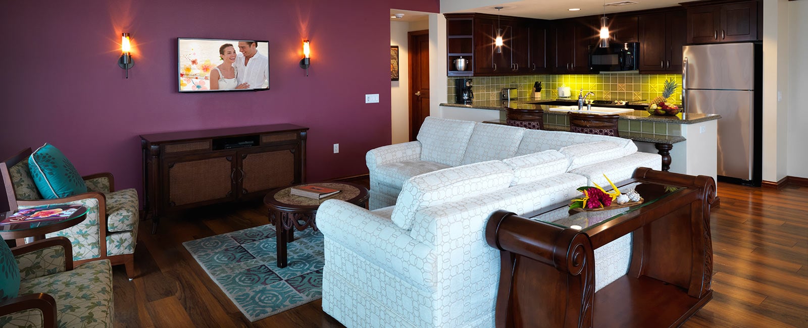 Living Area and Kitchen at Grand Waikikian Resort in Honolulu, Hawaii